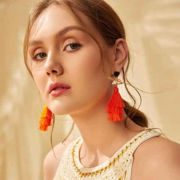Orange and Gold Tassel Earrings - Picture 2 of 5